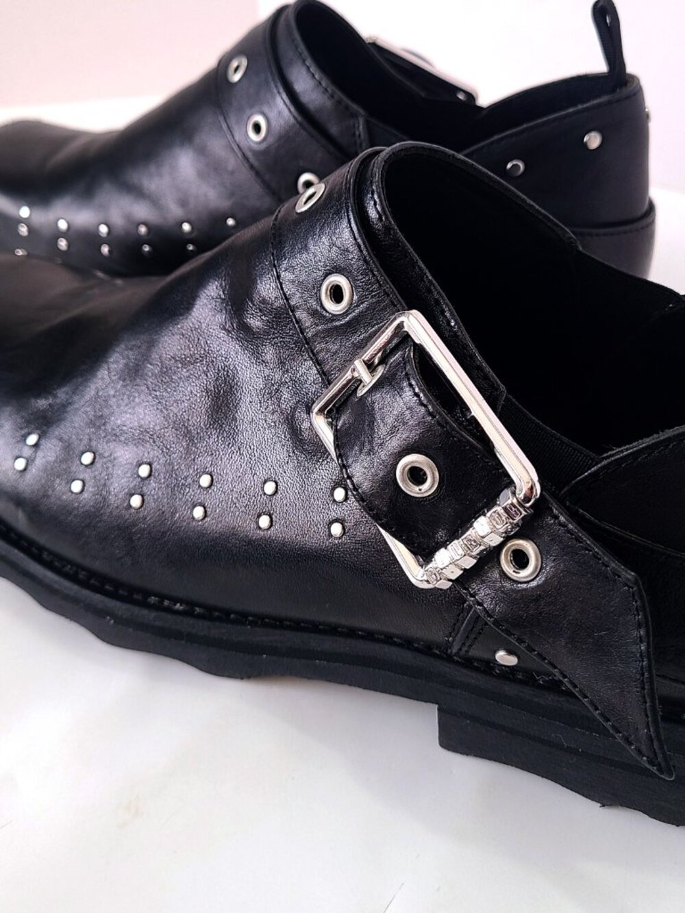 John Fluevog Carlton MK1 Foyt Black Studded Leather Boots Square Toe Sz 13 - Picture 4 of 10